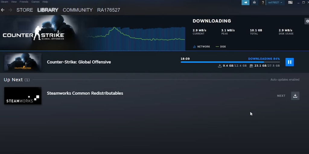 the download progress of the game CS:GO on Steam