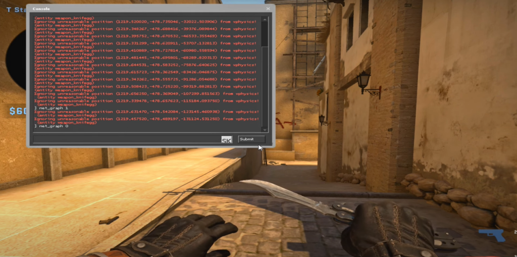 a CS:GO game interface with command prompts and a character's hand holding a knife